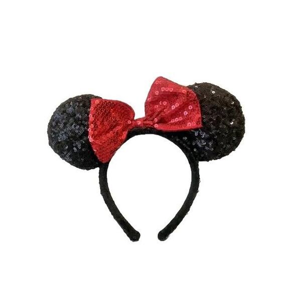 Disney Parks ORIGINAL MINNIE MOUSE BLACK SEQUIN Ears RED BOW Headband - Picture 1 of 4